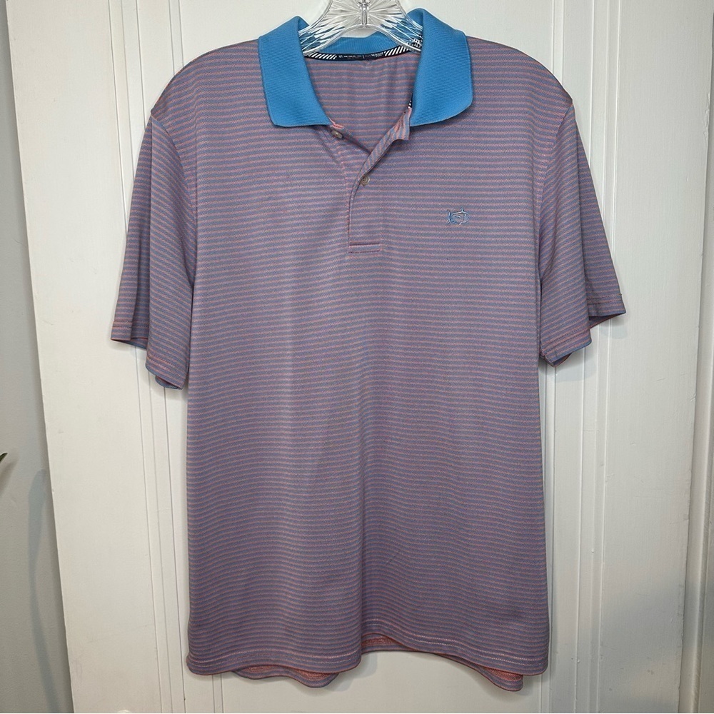 Southern Tide Men's Polo Shirt - Blue and Pink Stripes medium